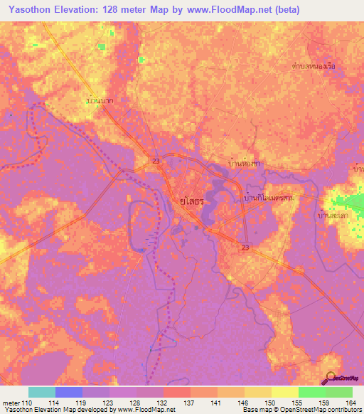 Yasothon,Thailand Elevation Map