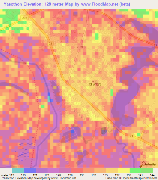 Yasothon,Thailand Elevation Map