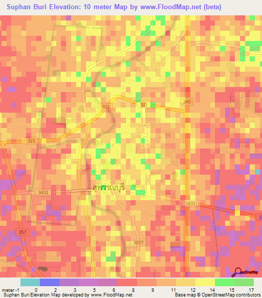 Suphan Buri,Thailand Elevation Map