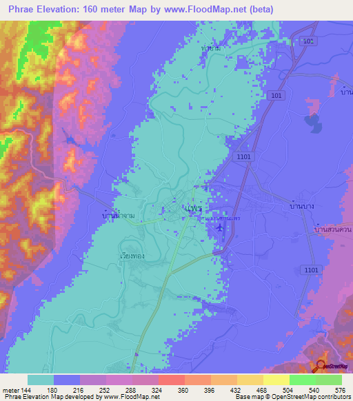 Phrae,Thailand Elevation Map