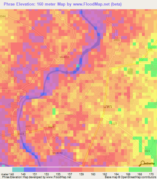 Phrae,Thailand Elevation Map