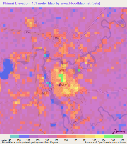 Elevation of Phimai,Thailand Elevation Map, Topography, Contour