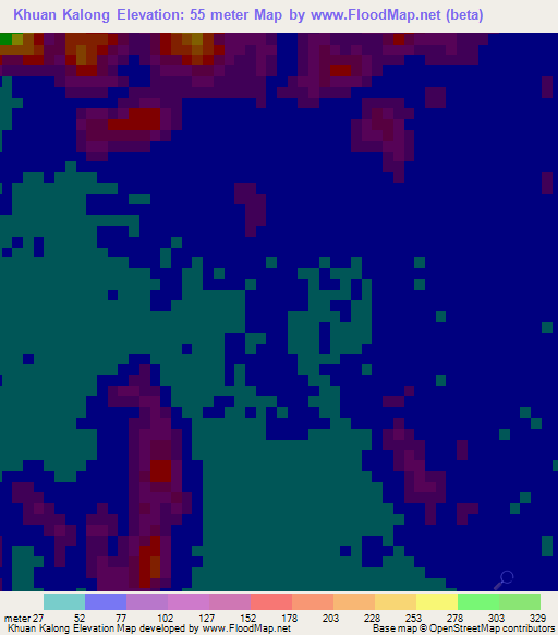 Khuan Kalong,Thailand Elevation Map