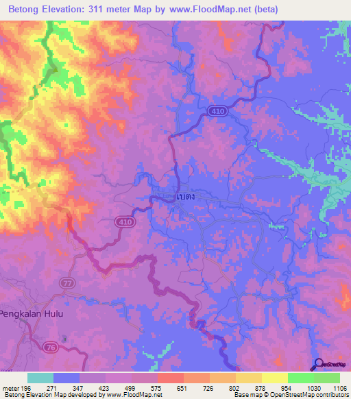 Betong,Thailand Elevation Map