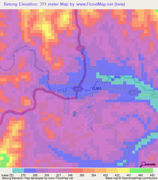 Betong,Thailand Elevation Map