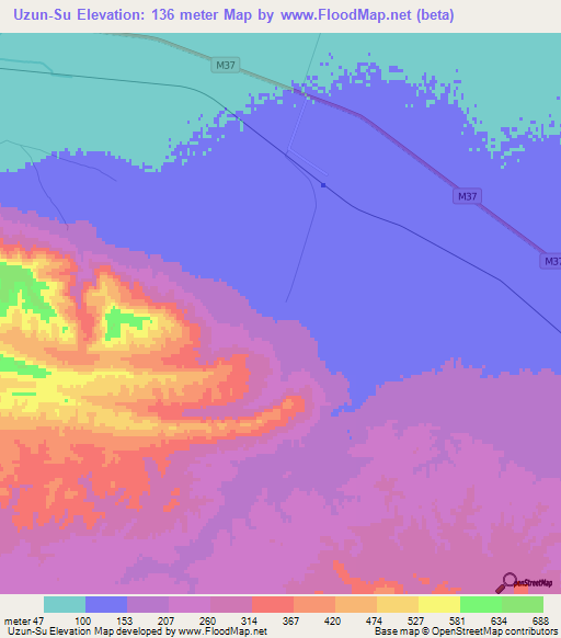 Uzun-Su,Turkmenistan Elevation Map