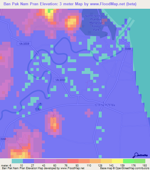 Ban Pak Nam Pran,Thailand Elevation Map