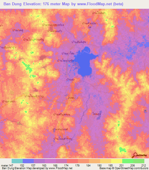 Ban Dung,Thailand Elevation Map