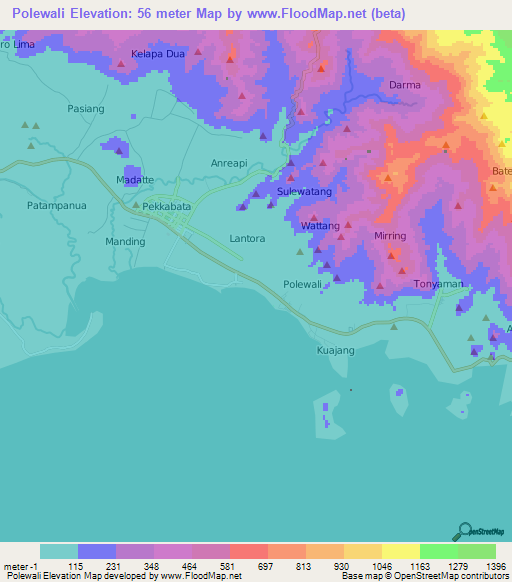 Polewali,Indonesia Elevation Map