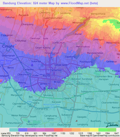 Bandung,Indonesia Elevation Map