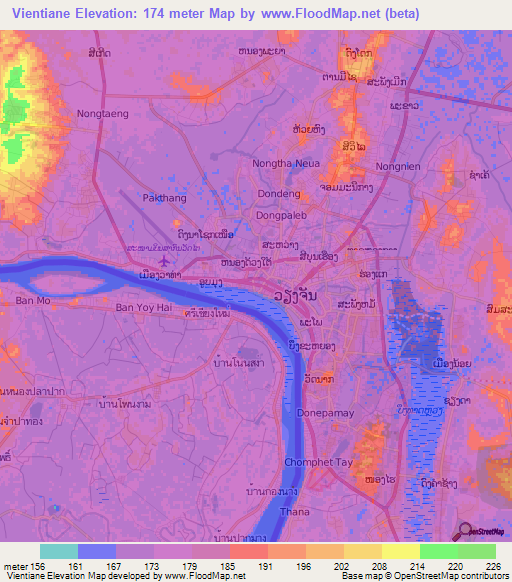 Vientiane,Laos Elevation Map