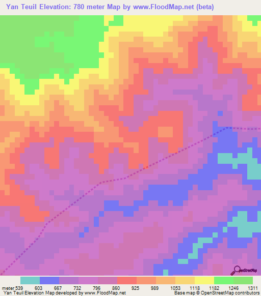 Yan Teuil,Laos Elevation Map