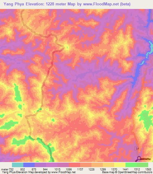 Yang Phya,Laos Elevation Map