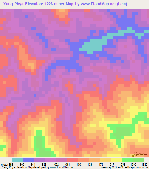 Yang Phya,Laos Elevation Map