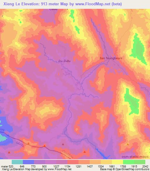 Xieng Le,Laos Elevation Map