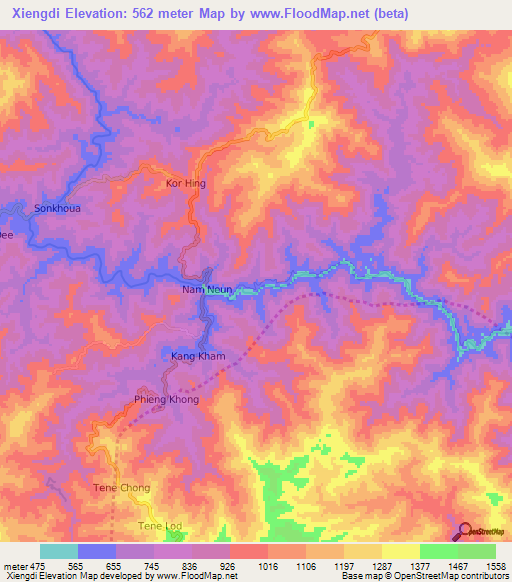 Xiengdi,Laos Elevation Map