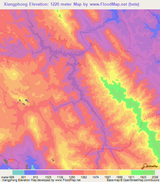 Xiangphong,Laos Elevation Map