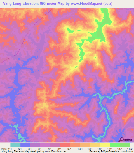 Vang Long,Laos Elevation Map