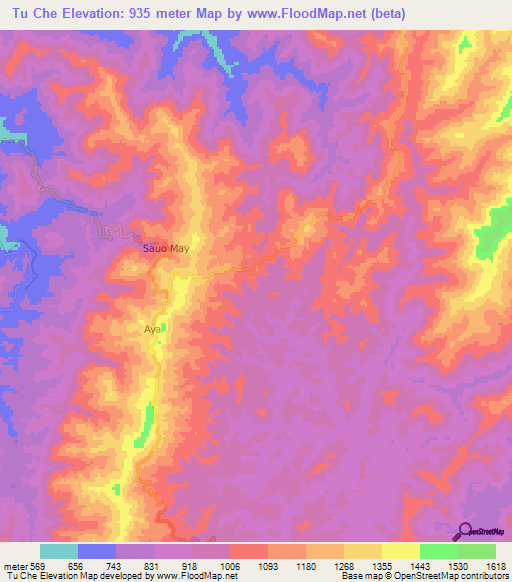 Tu Che,Laos Elevation Map