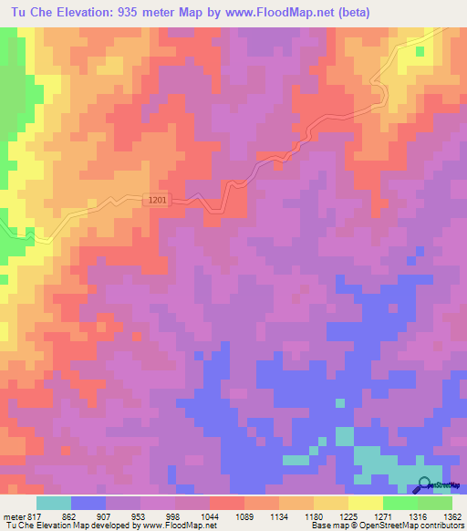 Tu Che,Laos Elevation Map