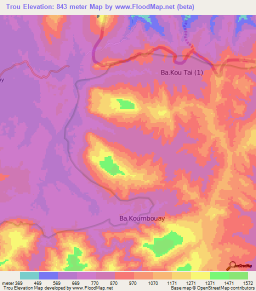 Trou,Laos Elevation Map