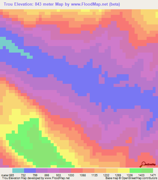 Trou,Laos Elevation Map