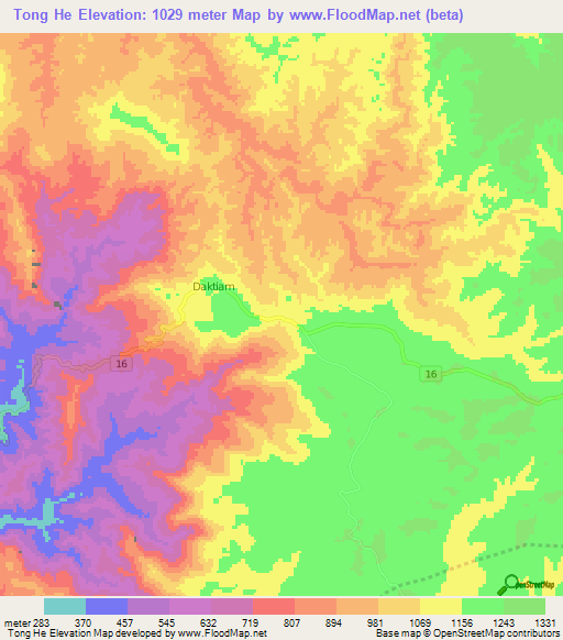 Tong He,Laos Elevation Map