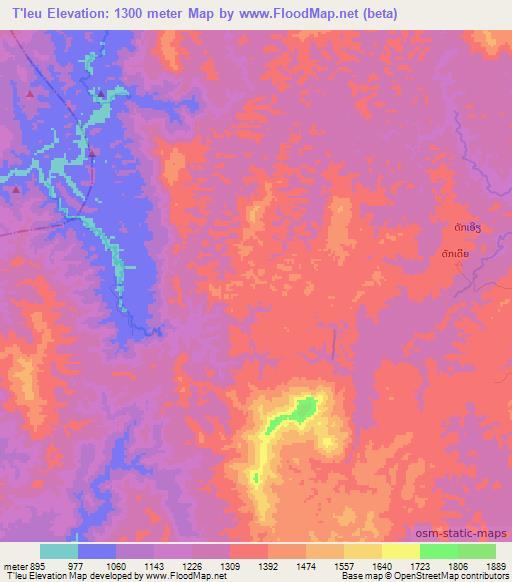 T'leu,Laos Elevation Map