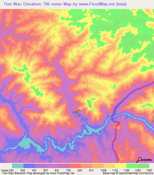 Tien Niao,Laos Elevation Map