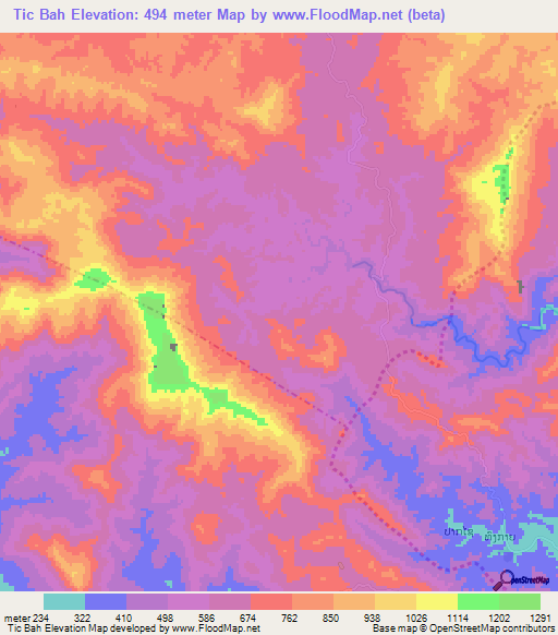 Tic Bah,Laos Elevation Map