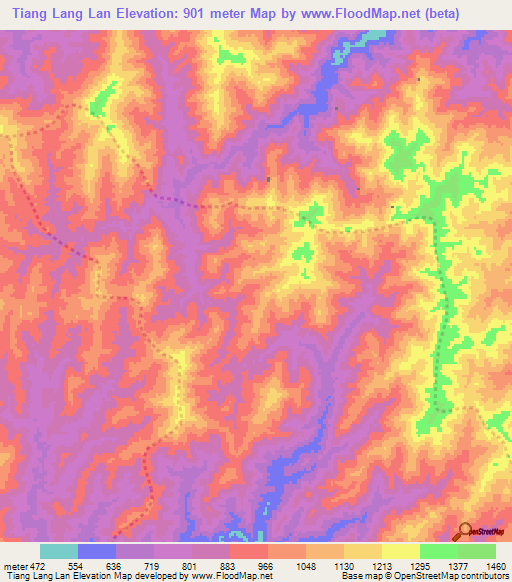 Tiang Lang Lan,Laos Elevation Map