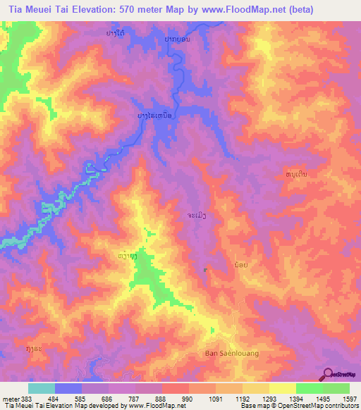 Tia Meuei Tai,Laos Elevation Map