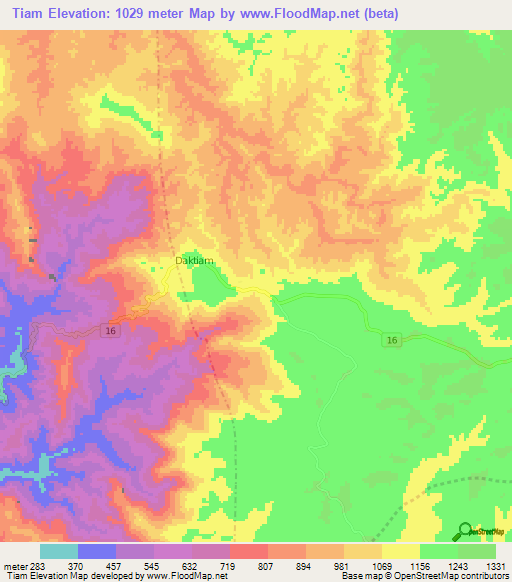 Tiam,Laos Elevation Map