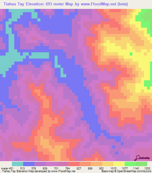 Tiaheu Tay,Laos Elevation Map