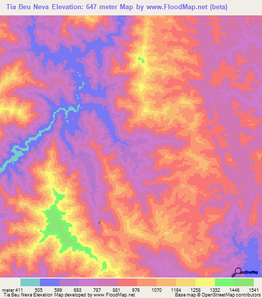 Tia Beu Neva,Laos Elevation Map