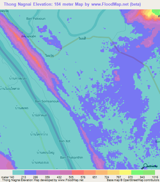 Thong Nagnai,Laos Elevation Map