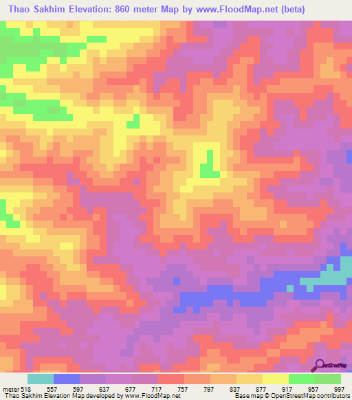 Thao Sakhim,Laos Elevation Map