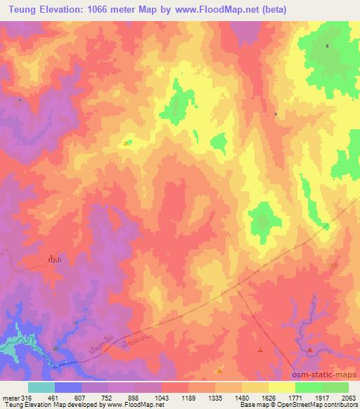 Teung,Laos Elevation Map