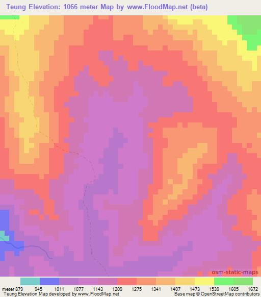 Teung,Laos Elevation Map