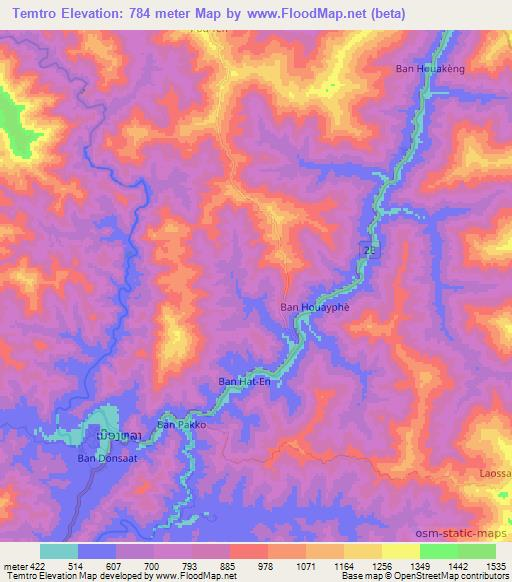 Temtro,Laos Elevation Map