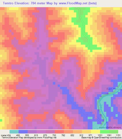 Temtro,Laos Elevation Map