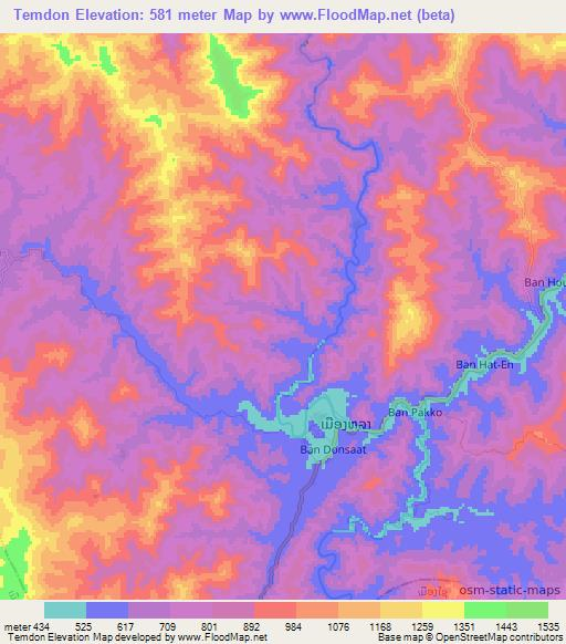 Temdon,Laos Elevation Map