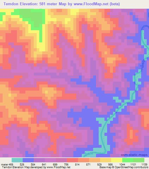 Temdon,Laos Elevation Map