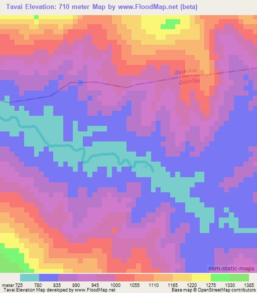 Tavai,Laos Elevation Map