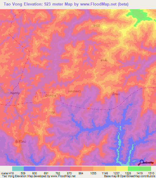 Tao Vong,Laos Elevation Map