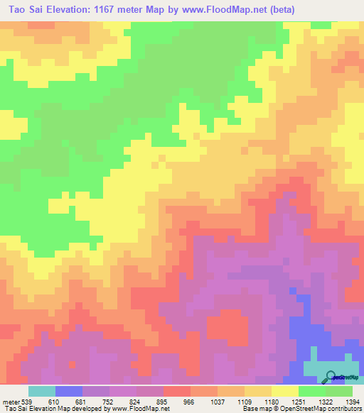 Tao Sai,Laos Elevation Map