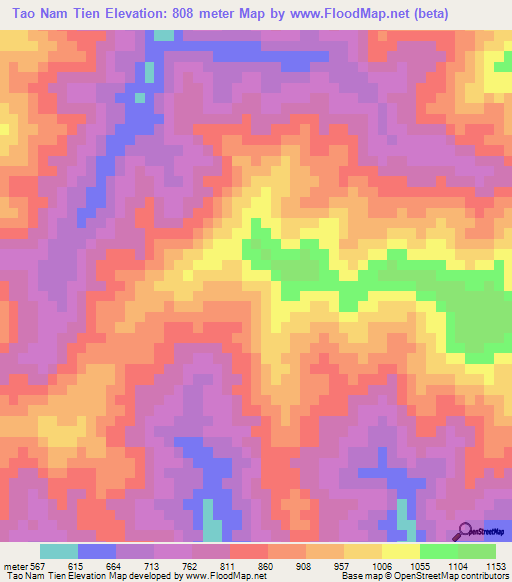 Tao Nam Tien,Laos Elevation Map