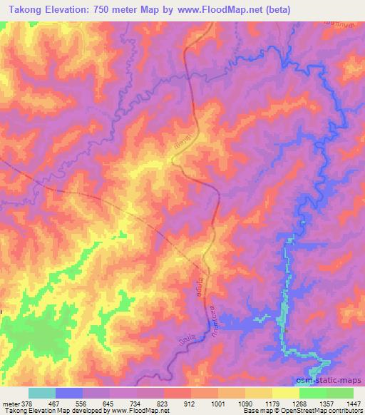 Takong,Laos Elevation Map