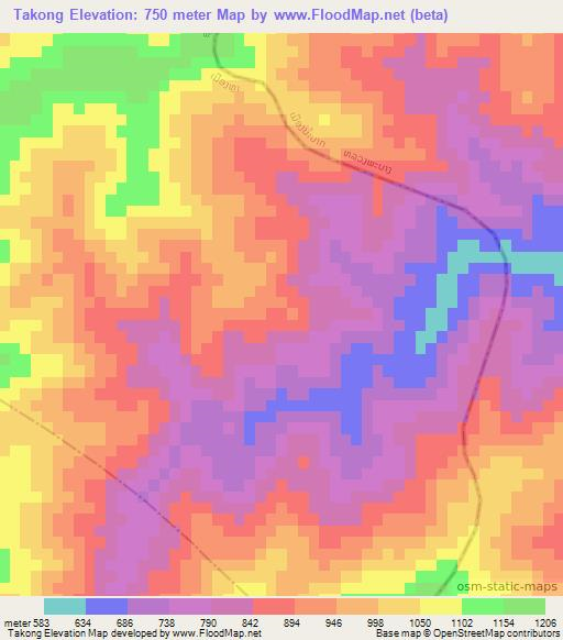 Takong,Laos Elevation Map