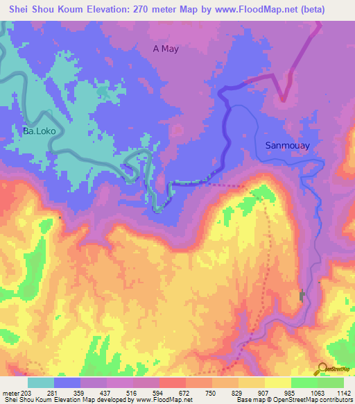 Shei Shou Koum,Laos Elevation Map